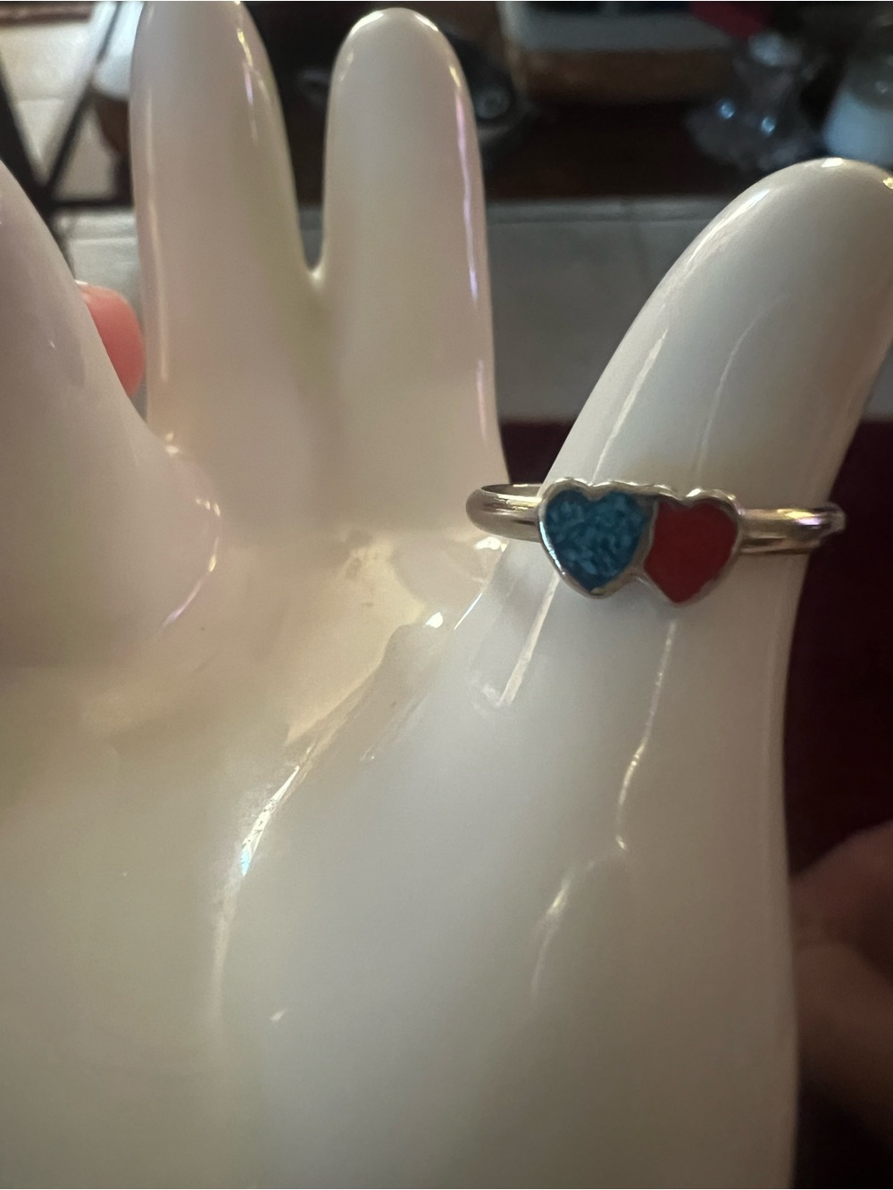 Turquoise & Red Coral Double Heart Silver Tone Size 5 Ring, excellent condition